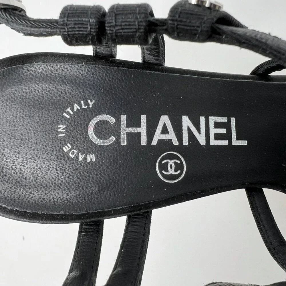 Chanel Pearl Heel‎ Grosgrain Gladiator Sandals Black 37.5